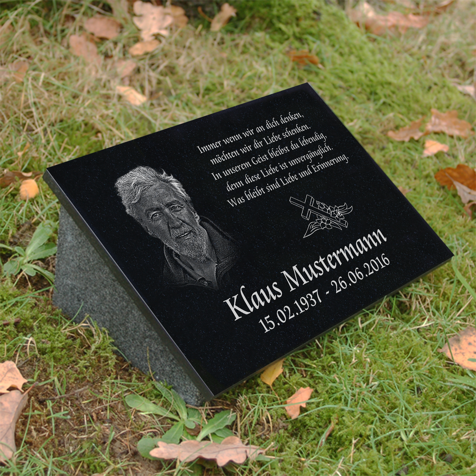 Grabstein Grabplatte Grabmal Wunsch Gravur Doppelstütze aus Granit 30x20x1 cm